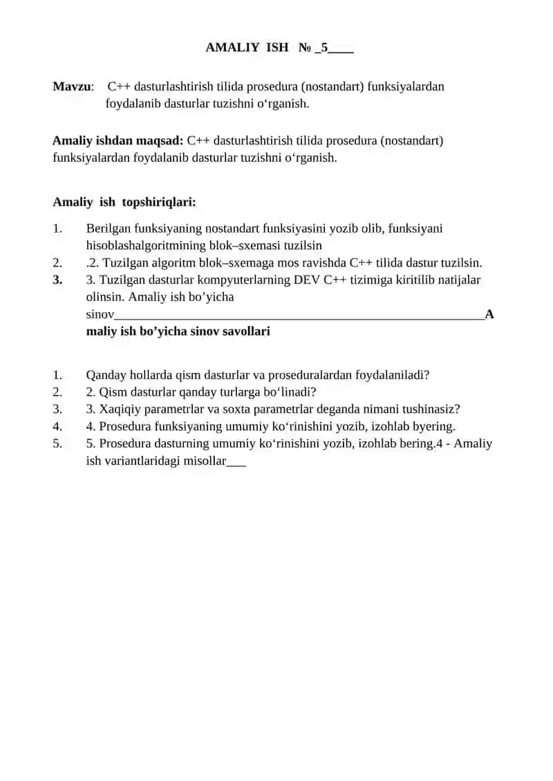 C++ dasturlashtirish tilida prosedura (nostandart) funksiyalardan foydalanib dasturlar tuzishni o‘rganish 2
