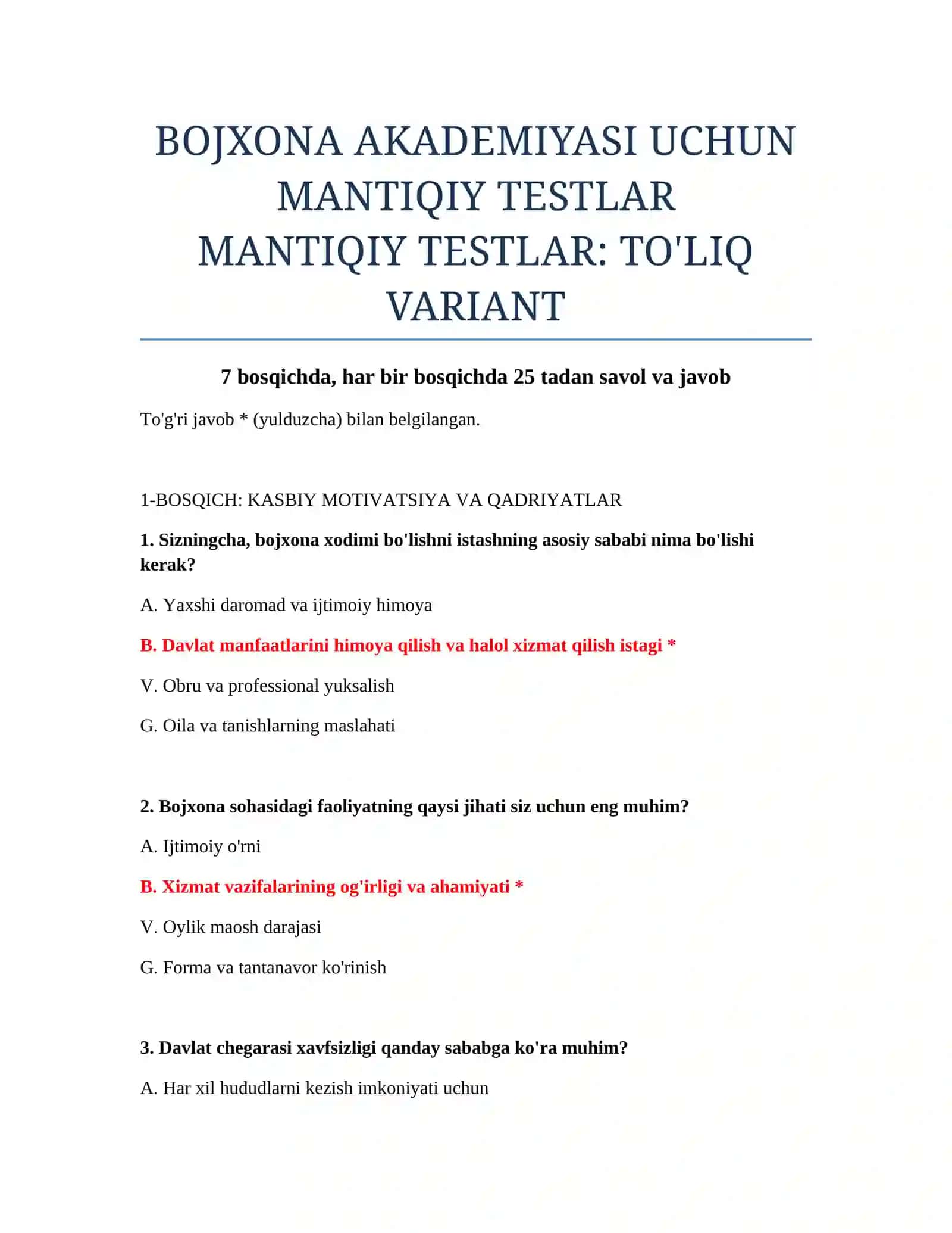 BOJXONA AKADEMIYASI UCHUN MANTIQIY TESTLAR 2