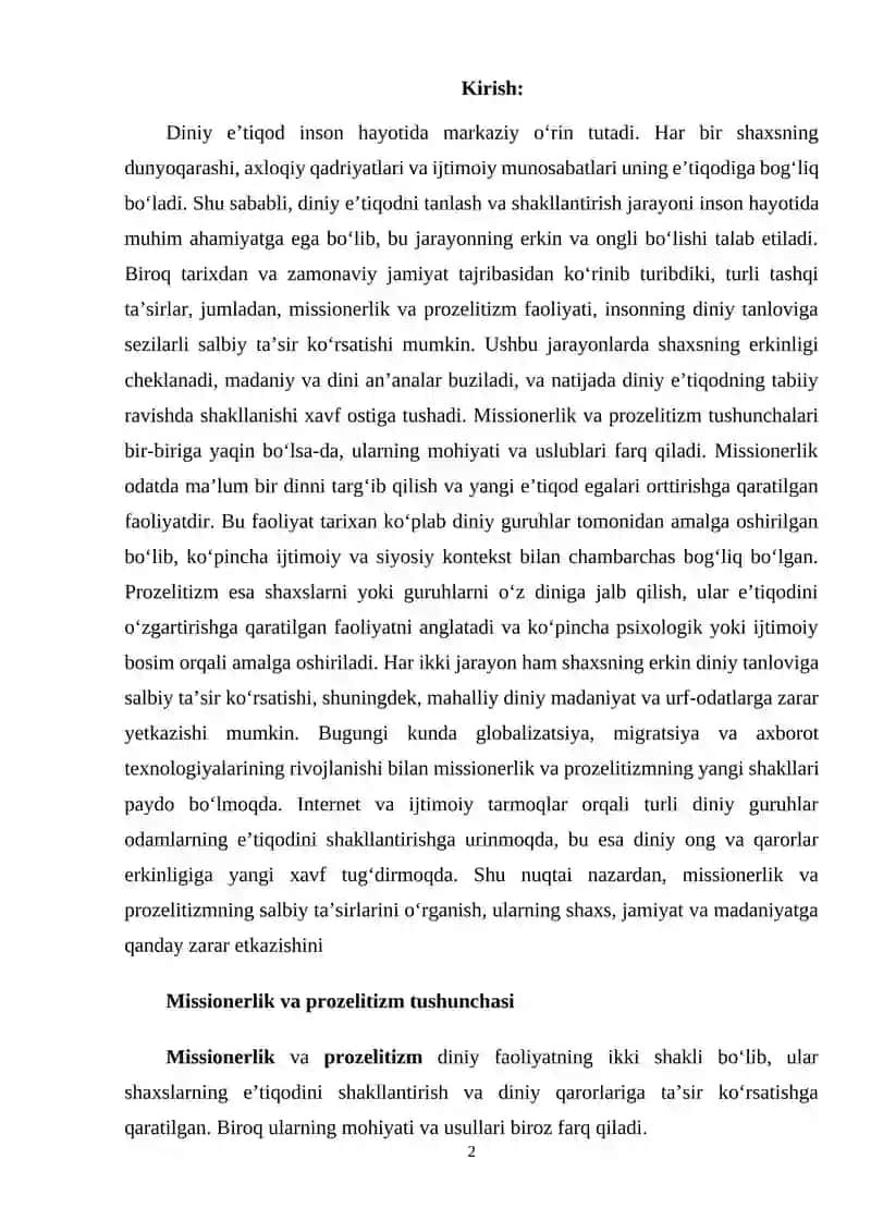 Missionerlik va prozelitizmning diniy etiqodni tanlashga salbiy ta'siri. 2