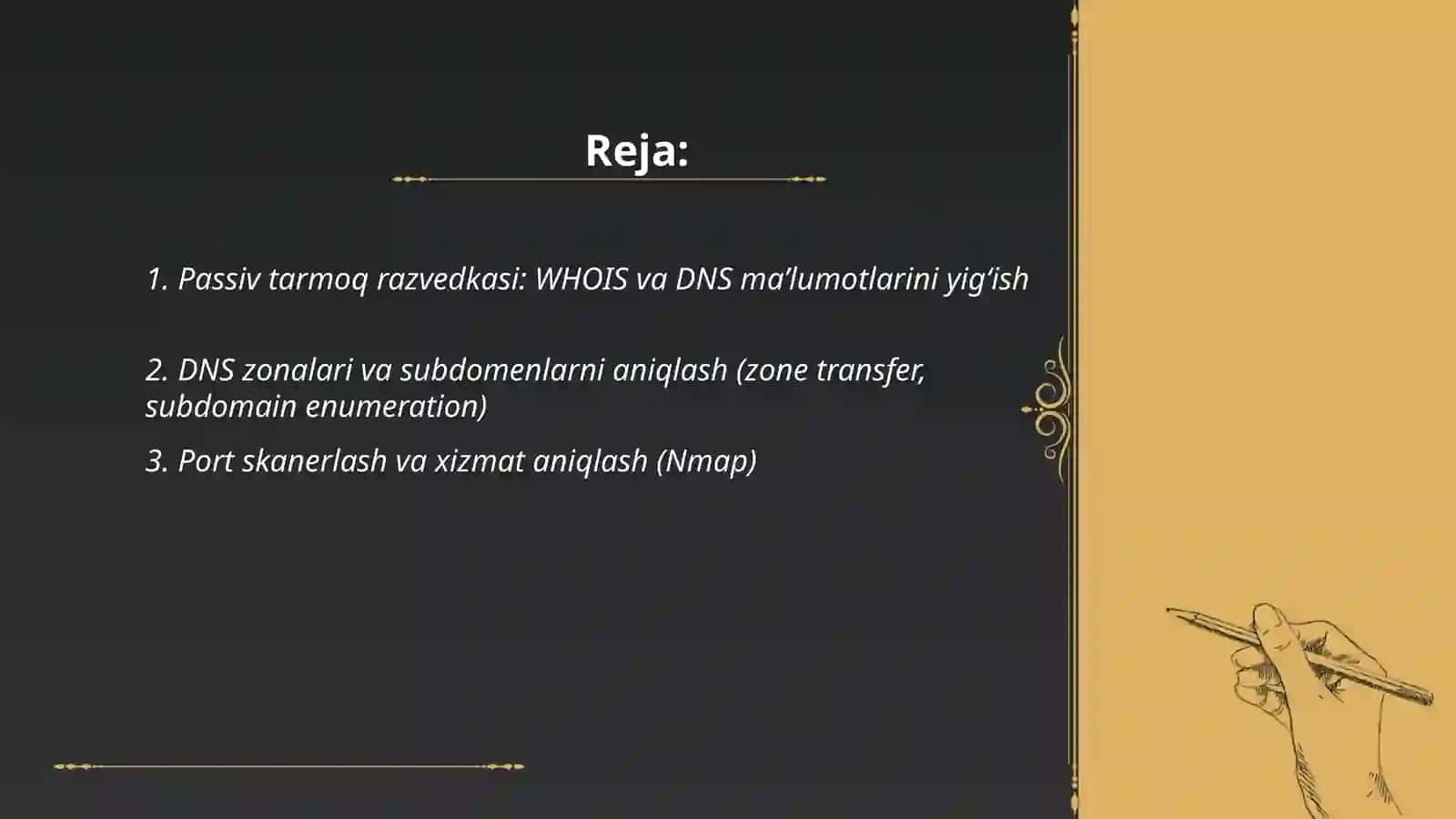 Tarmoq razvedkasi (reconnaissance) bosqichida axborot to‘plash usullari va vositalari 2