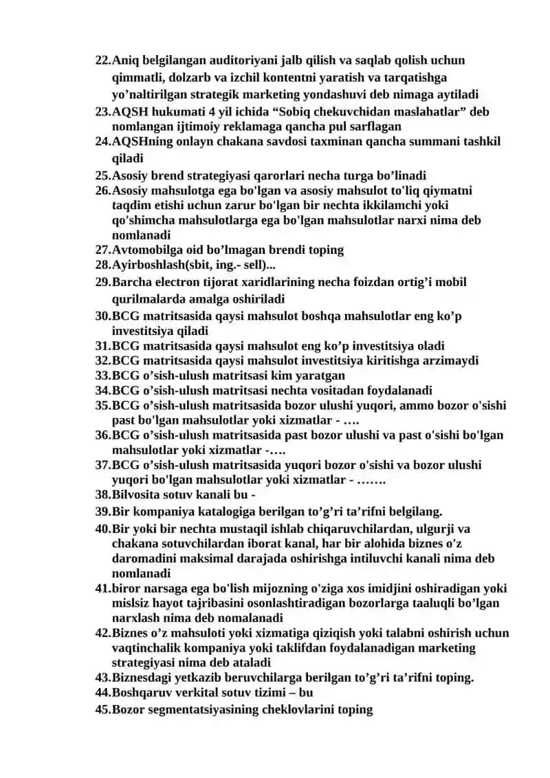 “Principles of Marketing” fanidan yakuniy nazorat testlari 2