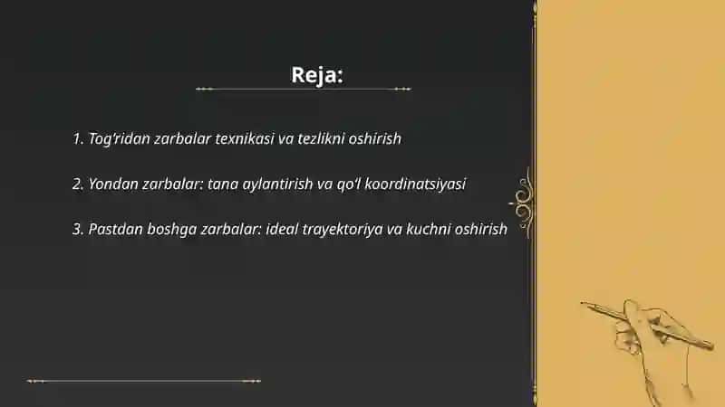 Tog‘ridan yondan va pastdan boshiga gavdaga zarbalarni takomillashtirish va turli qarshi hujumlar 2