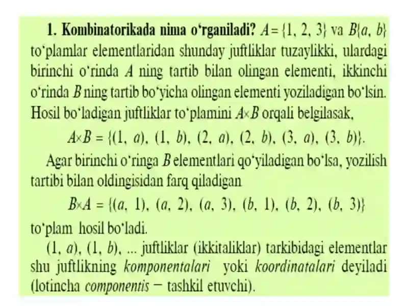 Kombinatorika elementlari. Kombinatorika masalalari. Yig‘indi va ko‘paytma qoidasi. Ehtimollar nazariyasi elementlari. 2