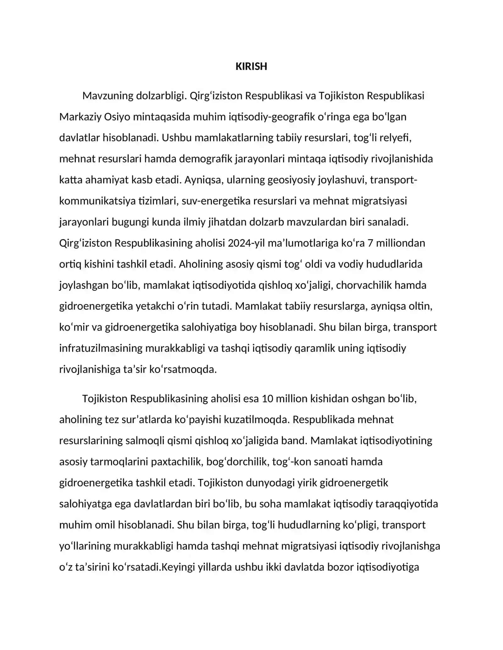 Qirgʻiziston va Tojikiston Respublikalariga iqtisodiy-geografik tavsif 2