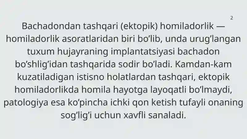 Bachadondan tashqari (ektopik) homiladorlik 2