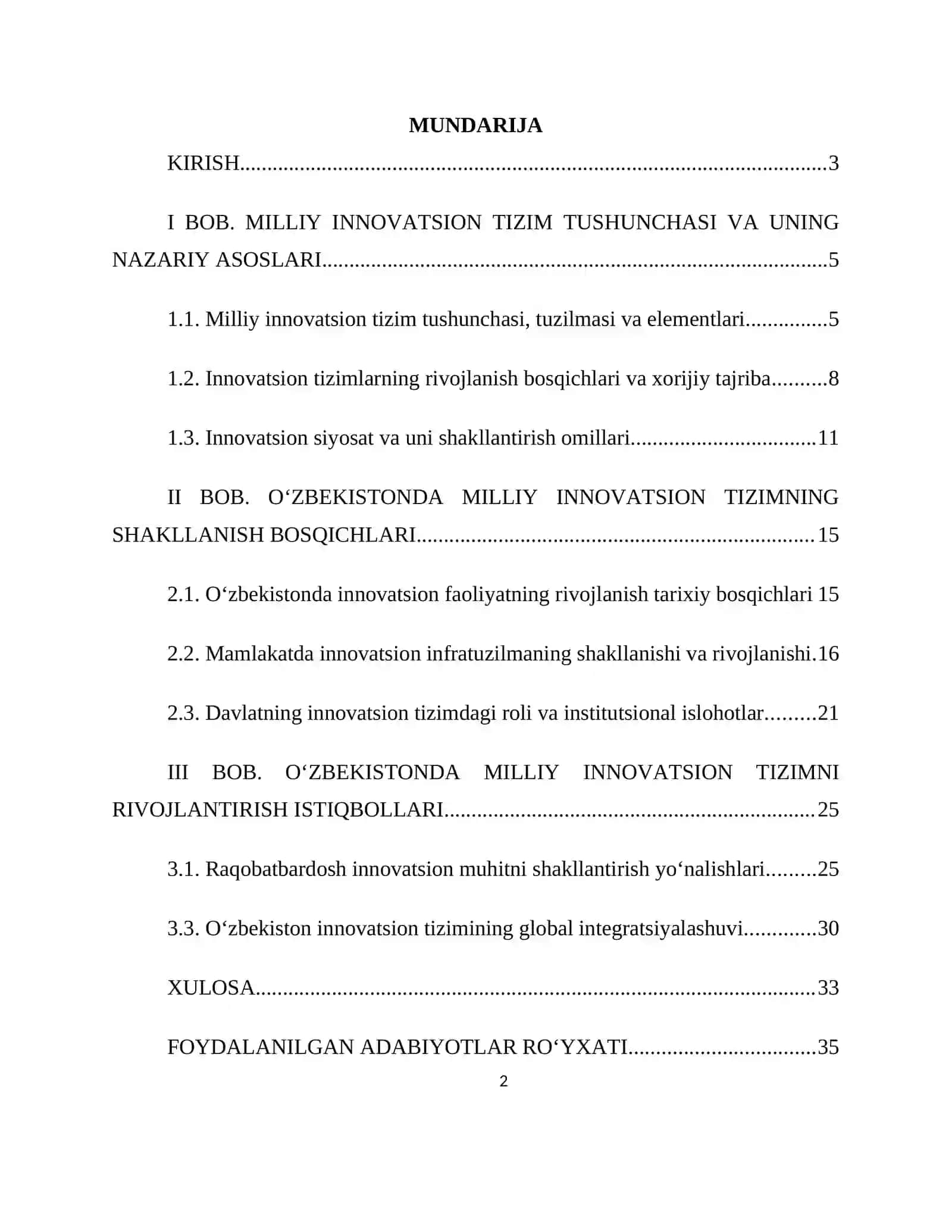 "O'ZBEKISTONNING MILLIY INNOVATSION TIZIMI VA UNING SHAKLLANISHI" KURS ISHI 2