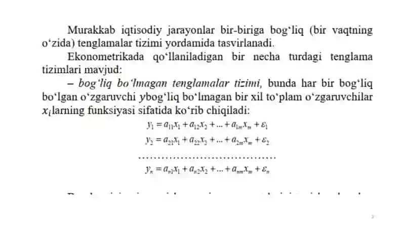 TENGLAMALAR SISTEMASI KO‘RINISHIDA EKONOMETRIK MODELLAR 2