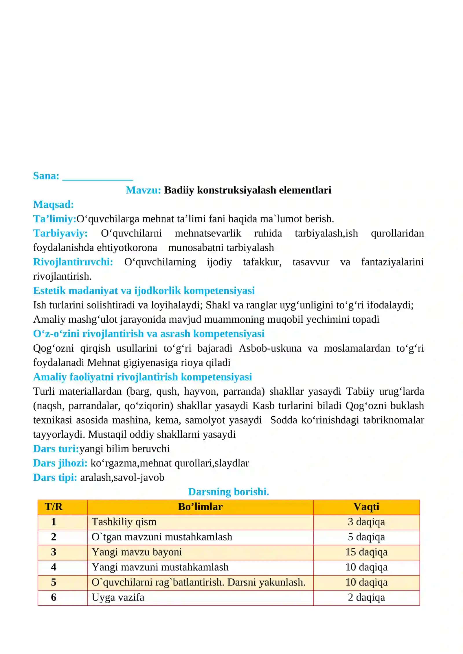 3-sinf Texnologiya fanidan Badiiy konstruksiyalash elementlari dars ishlanma 2