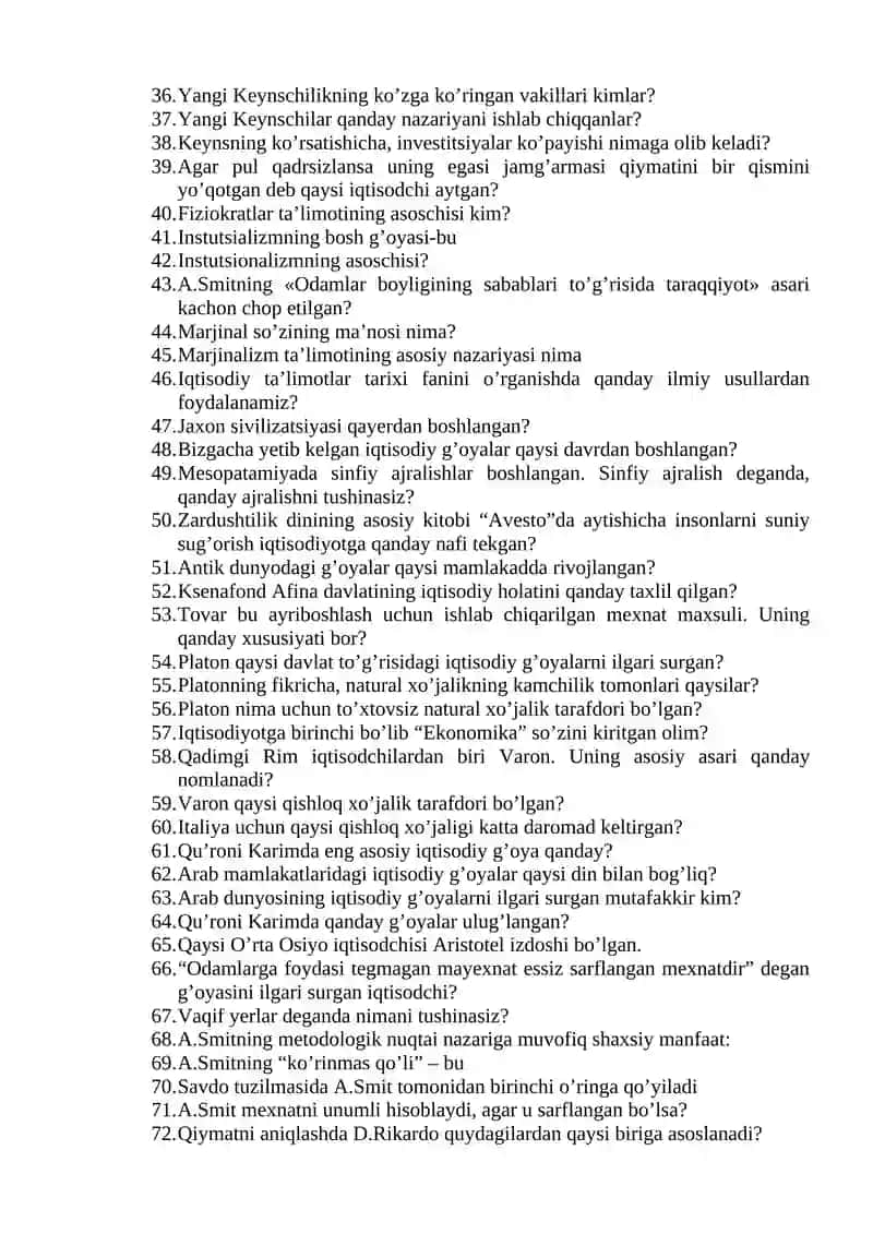 IQTISODIY TA’LIMOTLAR TARIXI FANIDAN YAKUNIY NAZORAT SAVOLLARI 2