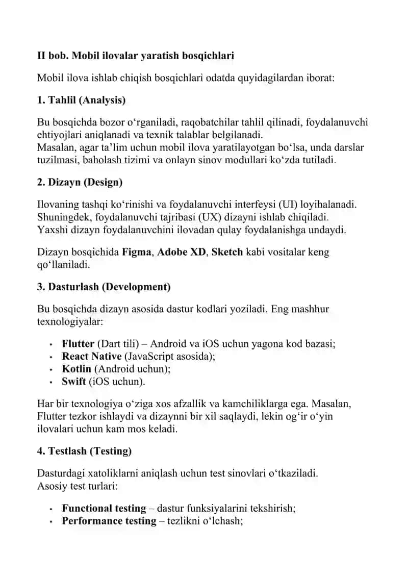 Mobil ilovalar yaratish jarayoni – tahlil, dizayn va dasturlash (Kurs ishi) 2