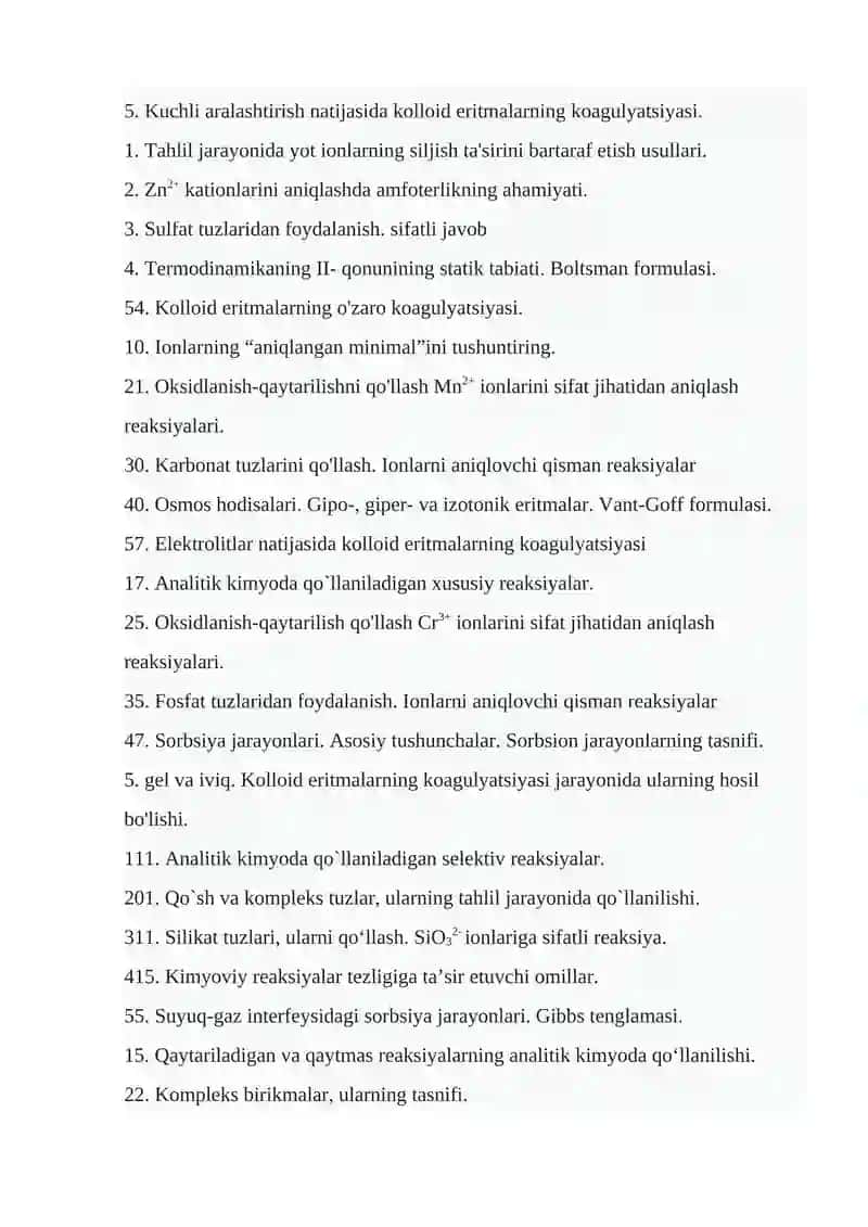 Analitik va fiz kolloid kimyi fanidan yakuniy savollardan namunalar 2