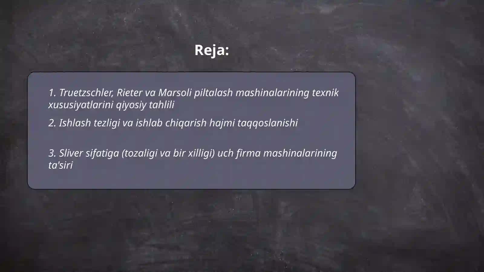 Truetzschler, Rieter va Marsoli piltalash mashinalari qiyosiy tahlili 2