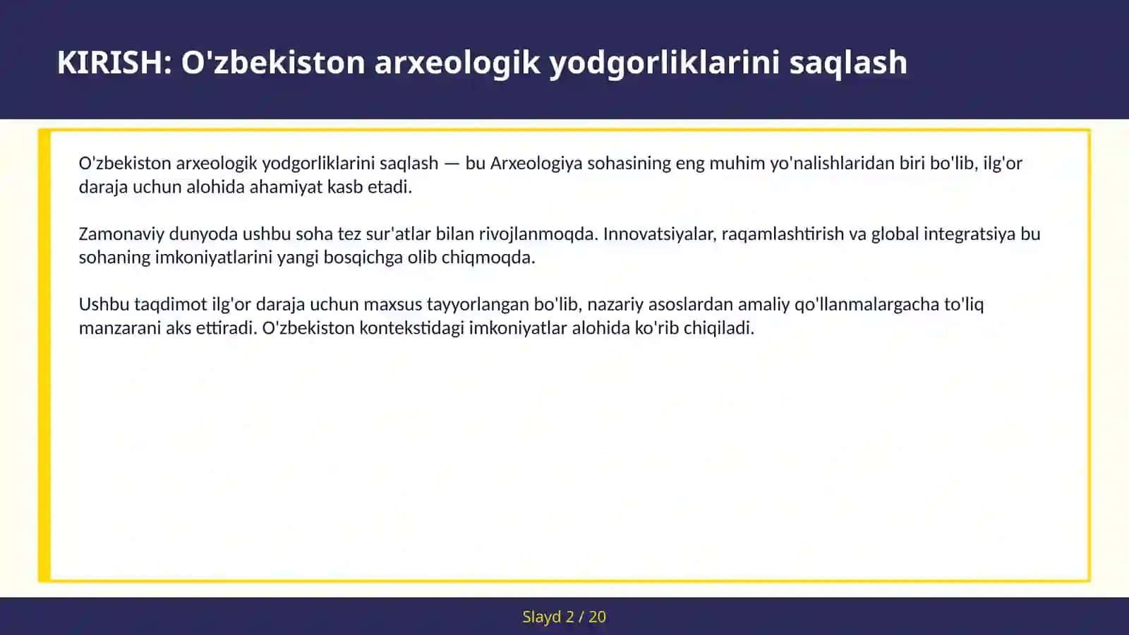 O'ZBEKISTON ARXEOLOGIK YODGORLIKLARINI SAQLASH 2