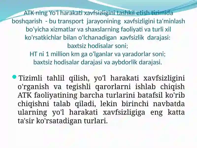Ma'ruza15. Transporttashkiloti dayo'l harakati xavfsizligini ta'minlash bo'yicha ishlar 2