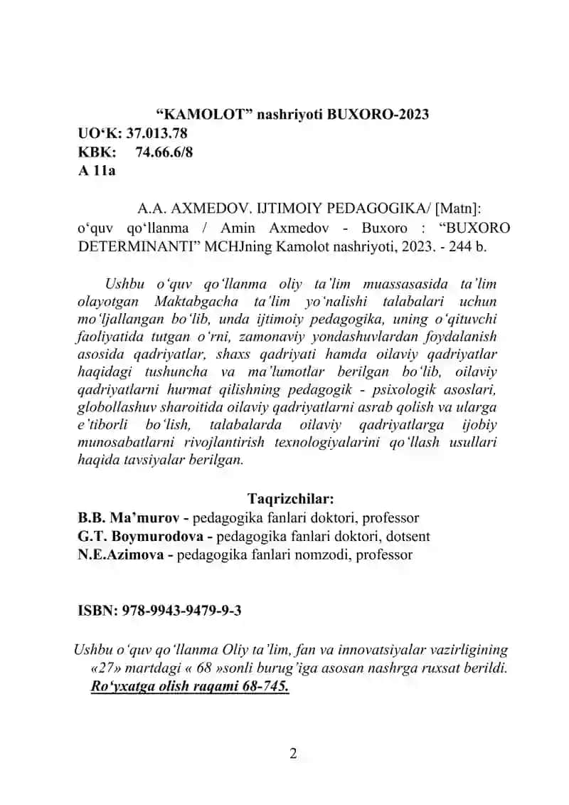IJTIMOIY 
PEDAGOGIKA 
Maktabgacha ta’lim yo‘nalishi talabalari uchun 2