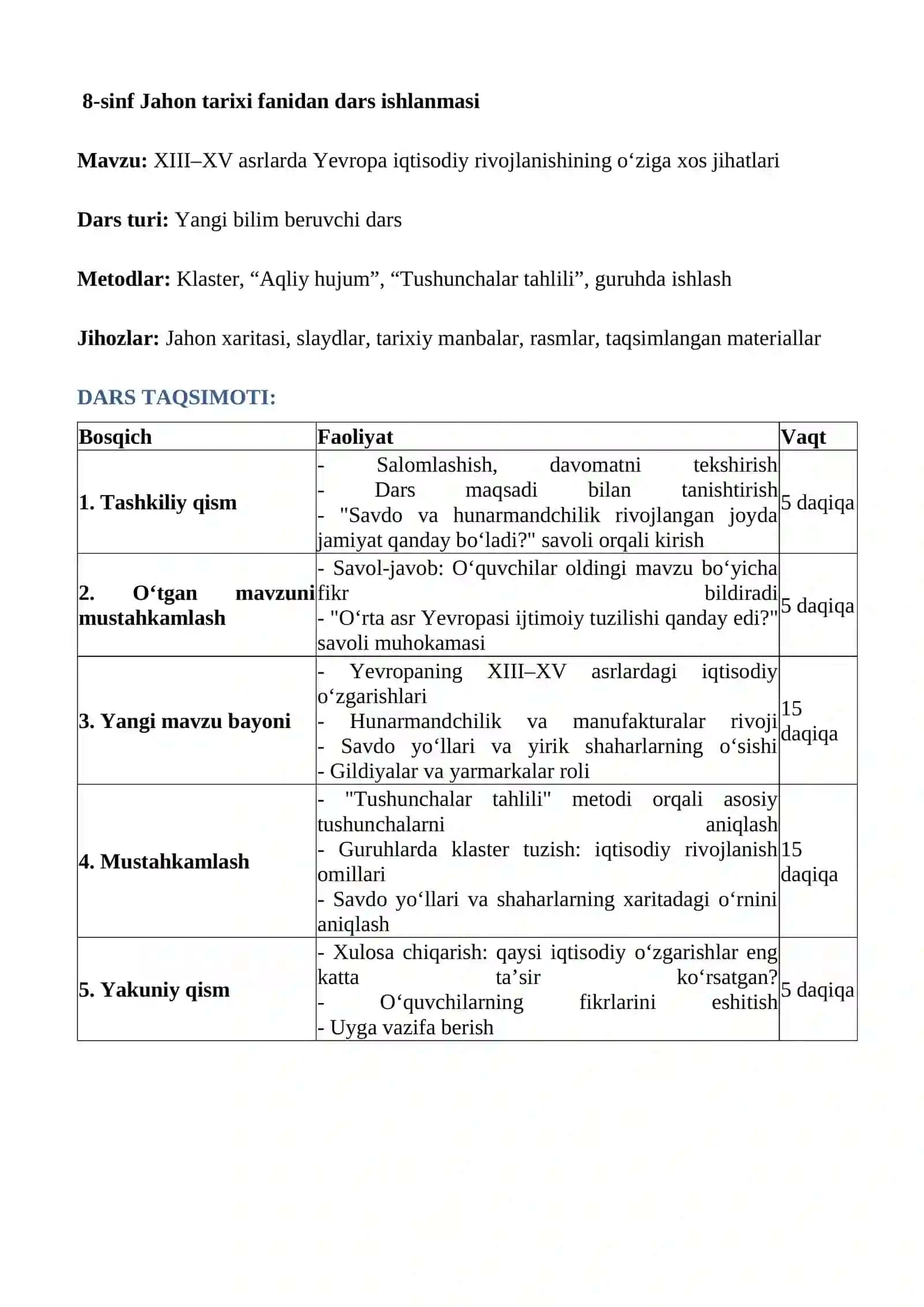 XIII–XV asrlarda Yevropa iqtisodiy rivojlanishining o‘ziga xos jihatlari 2