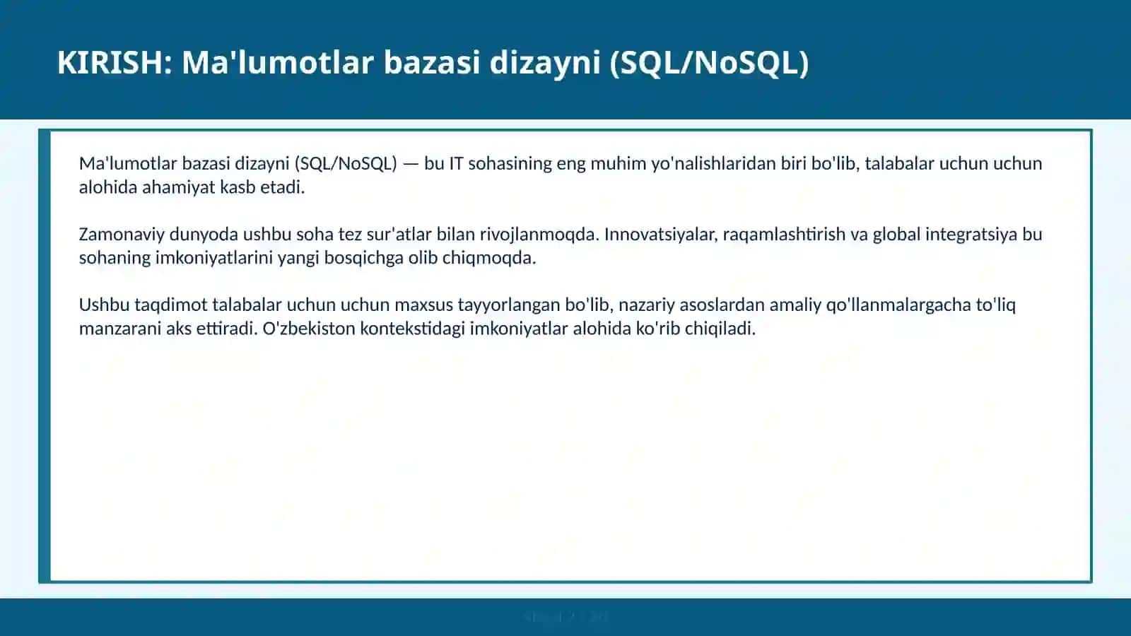 Ma'lumotlar bazasi dizayni (SQL/NoSQL) 2
