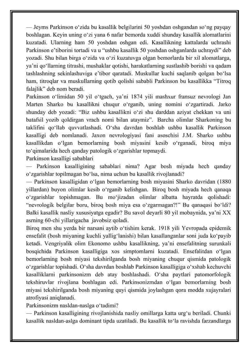 PARKINSON KASALLIGI, GENTINGTON XOREYASI: DIFFERENSIAL DIAGNOSTIKASI,TEKSHIRUV, DAVOLASH 2