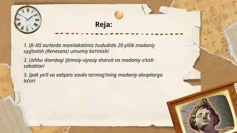 IX-XII asirlarda mamlakatimizda hududida 20yil bergan madany uyg’onish (Renesans) 2