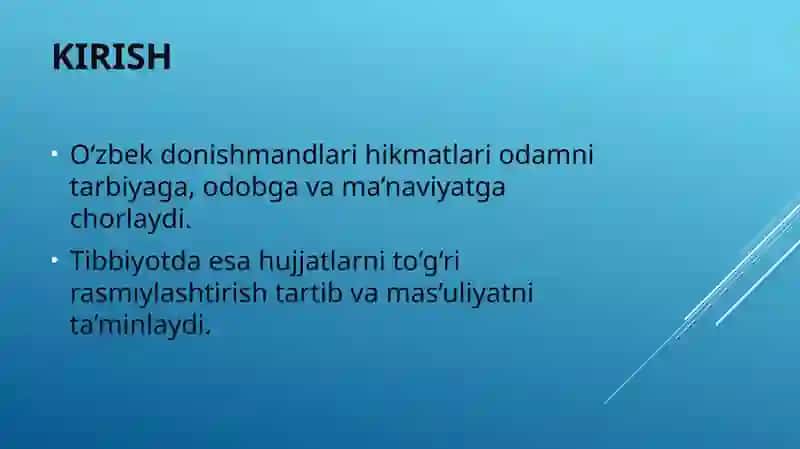 Oʻzbek milliy yozuvchilari va donishmandlarning hikmatli soʻzlari. Ishonchnoma, tibbiy ma’lumotnoma, tavsifnoma va tibbiy ish yuritish hujjatlarini (kasallik tarixi, kasallik tarixidan koʻchirma, yoʻllanma va buyruq) rasmiylashtirishning zaruriy qismlari va namunasi. 2