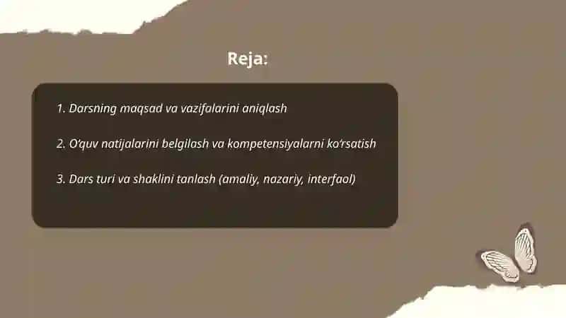 Darsni tashkil qilishga tayyorgarlik.1 soatlik dars reja kanspektini tayyorlash 2