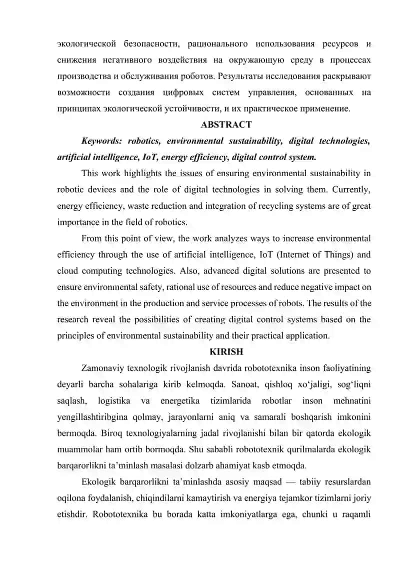 ROBOTOTEXNIK QURILMALARDA EKOLOGIK BARQARORLIKNI TA’MINLASH UCHUN RAQAMLI YECHIMLAR 2