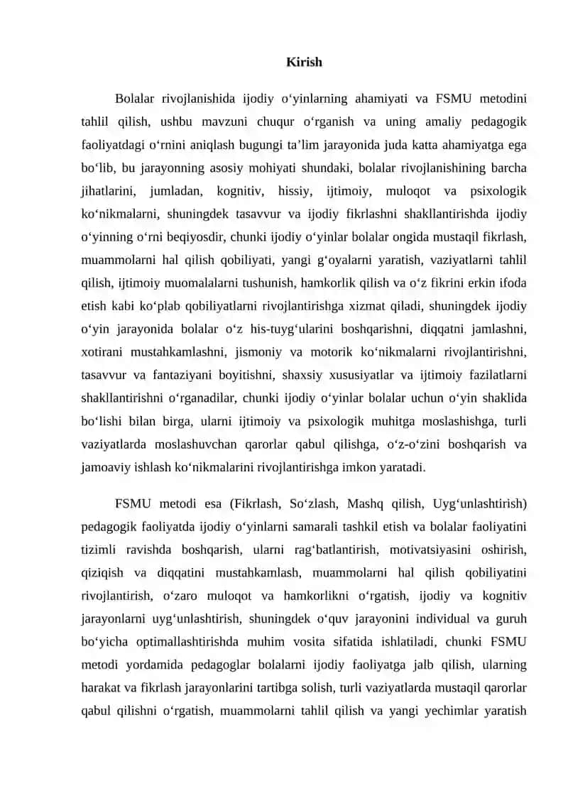 Bolalar rivojlanishida ijodiy o’yinlarning ahamiyati FSMU metodi 2