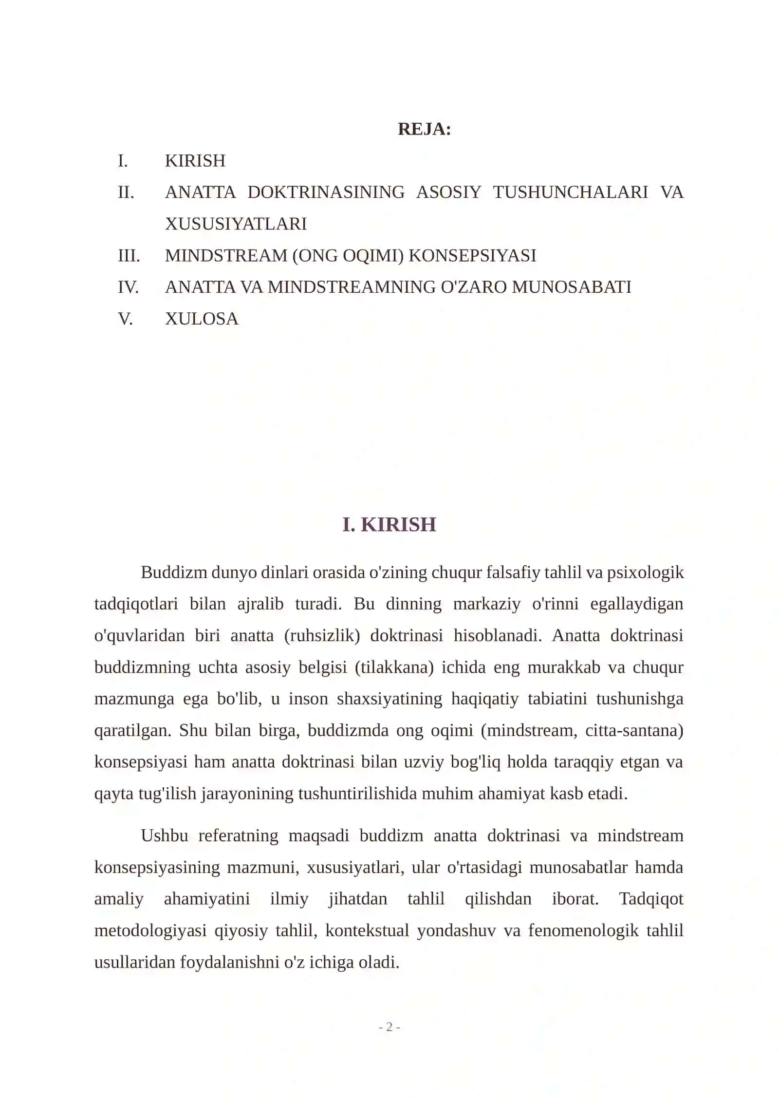 BUDDIZMDA ANATTA (RUHSIZLIK) DOKTRINASI VA MINDSTREAM (ONG OQIMI) KONSEPSIYASI REFERAT 2