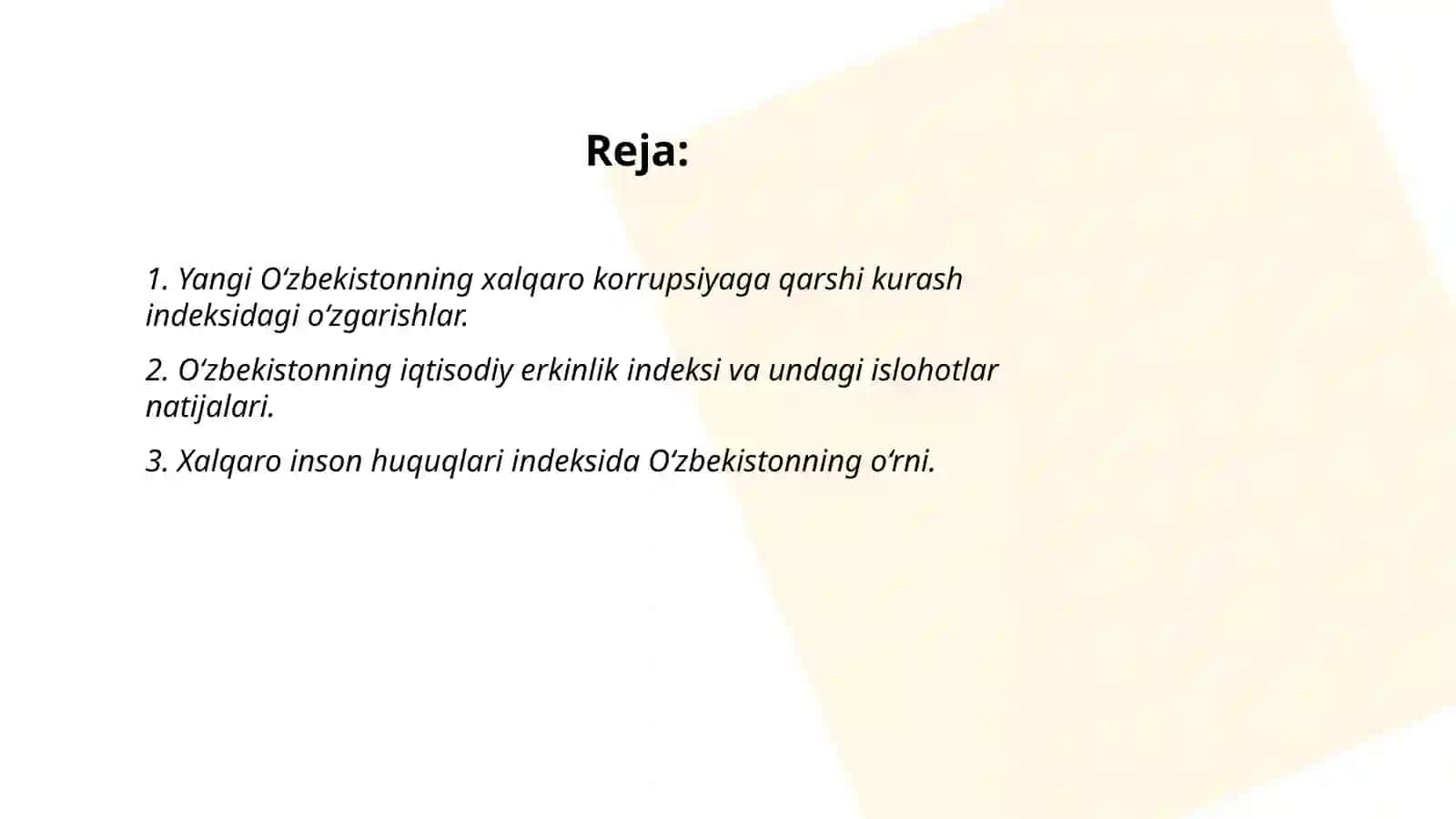 Yangi O‘zbekiston ijtimoiy-siyosiy, iqtisodiy va madaniy hayotida roʻy berayotgan oʻzgarishlarning xalqaro reyting va indekslarda aks etishi 2