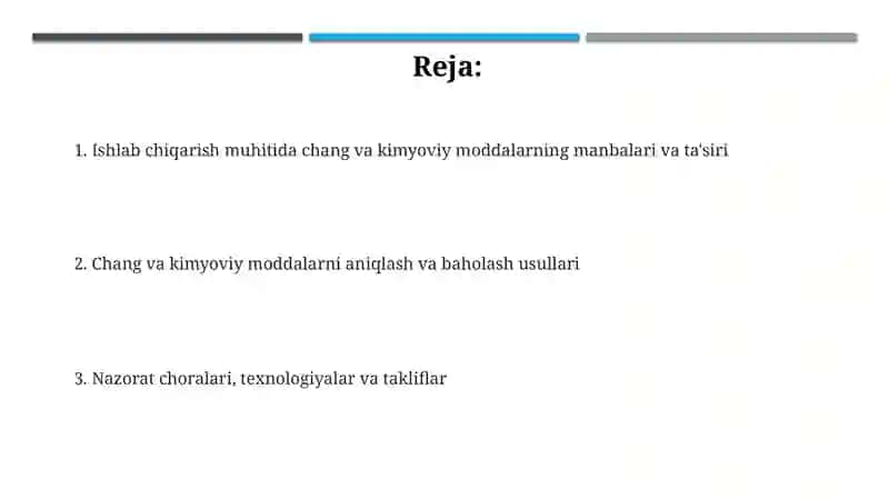 Ishlabchiqarish muhitida chang va kimyoviy birikmalarni aniqlash va baholash 2
