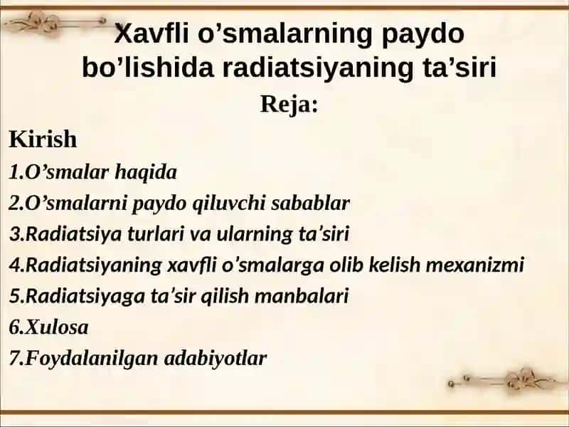 Xavfli o’smalarning paydo bo’lishida radiatsiyaning ta’siri 2