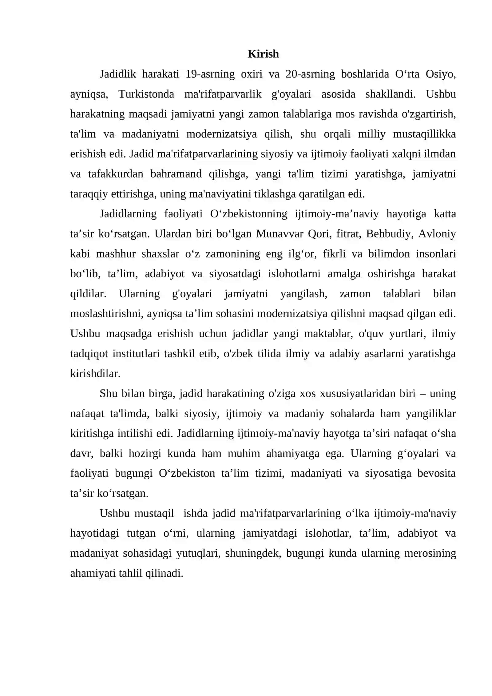 Jadid ma'rifatparvarlarining o'lka ijtimoiyma'naviy hayotida tutgan o'rni (Munavvar Qori,Fitrat,Behbudiy,Avloniy va boshqalar) 2