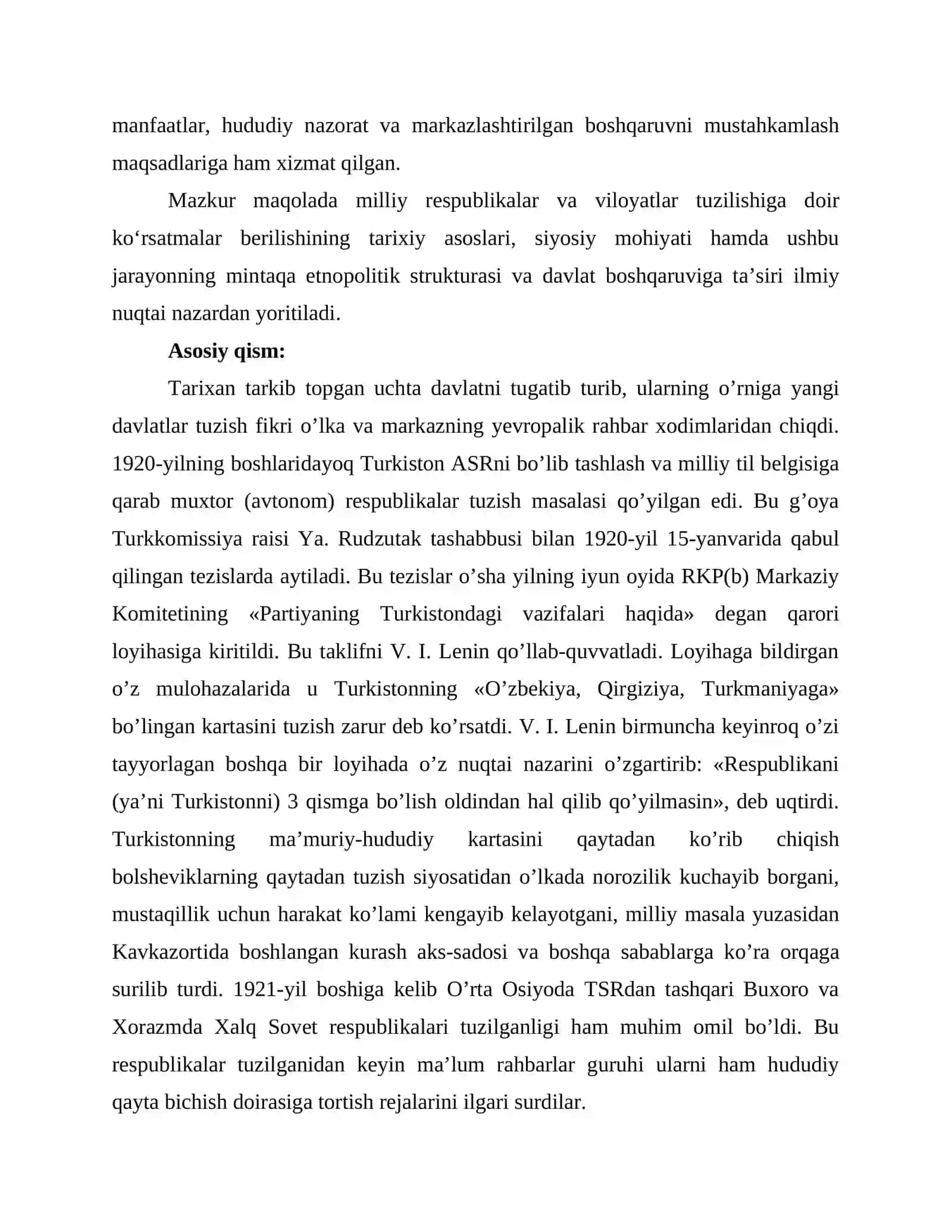 Milliy respublikalar va viloyatlar tuzilishiga koʻrsatma berilishi va uning siyosiy jihatdan asoslanishi 2