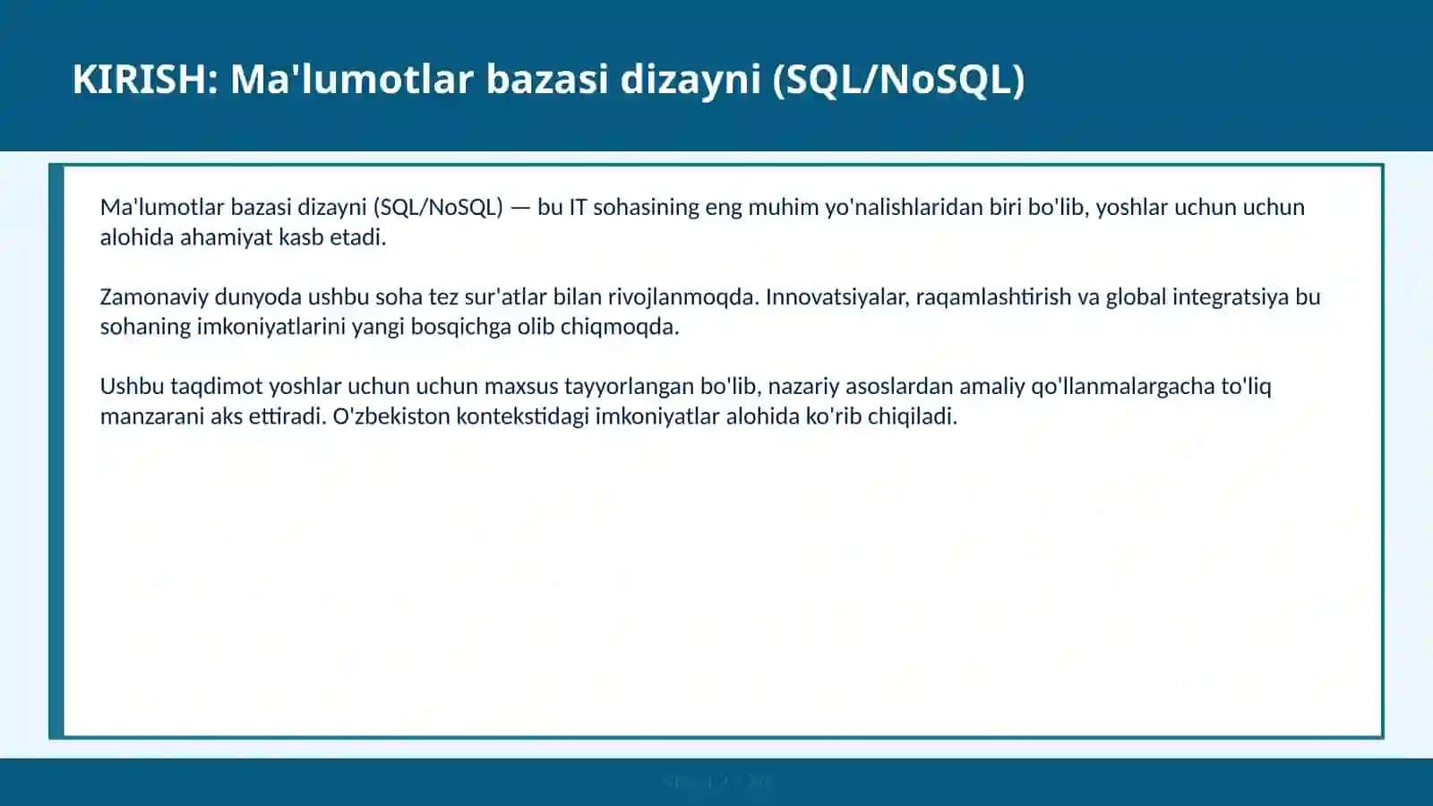 Ma'lumotlar bazasi dizayni (SQL/NOSQL) 2