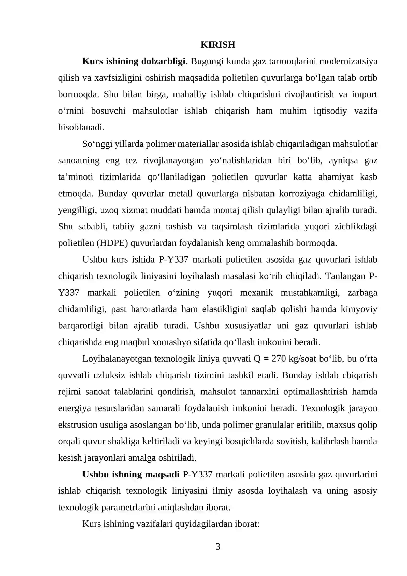 Markasi P-Y337 boʻlgan PE dan gaz uchun moʻljallangan truba chiqarish texnologik liniyasini loyihalash. Q=270 kg/soat 2