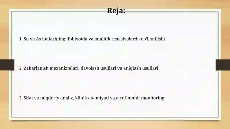 IV guruh Sn+2, Sn+4, As+3, As+5 kationlarini tibbiyotda qoʻllanishi va analitik reaksiyalari 2