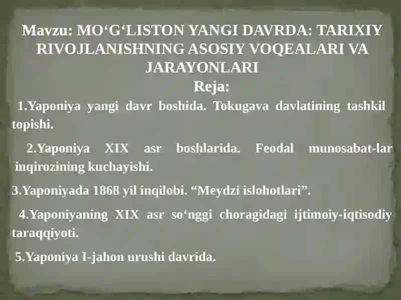 MO‘G‘LISTON YANGI DAVRDA: TARIXIY RIVOJLANISHNING ASOSIY VOQEALARI VA JARAYONLARI 2