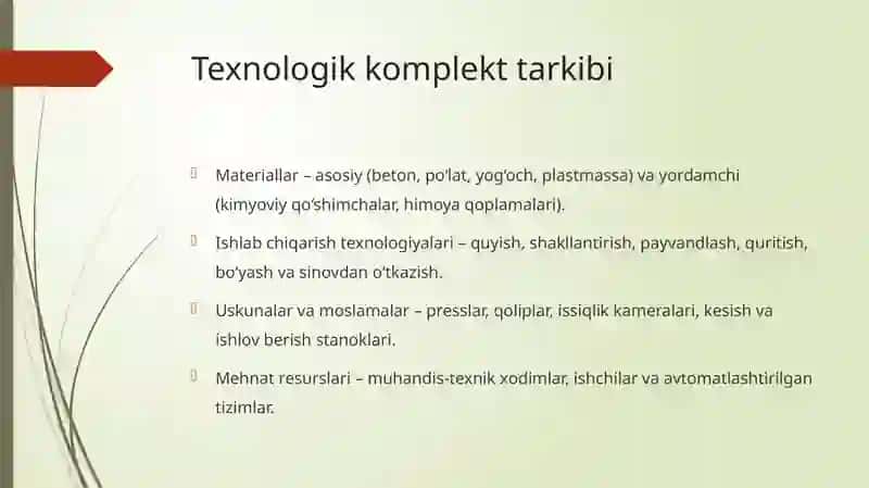 Buyum va konstruksiyaning texnologik komplekti.ishlab chiqarishda mehnat sarfi 2