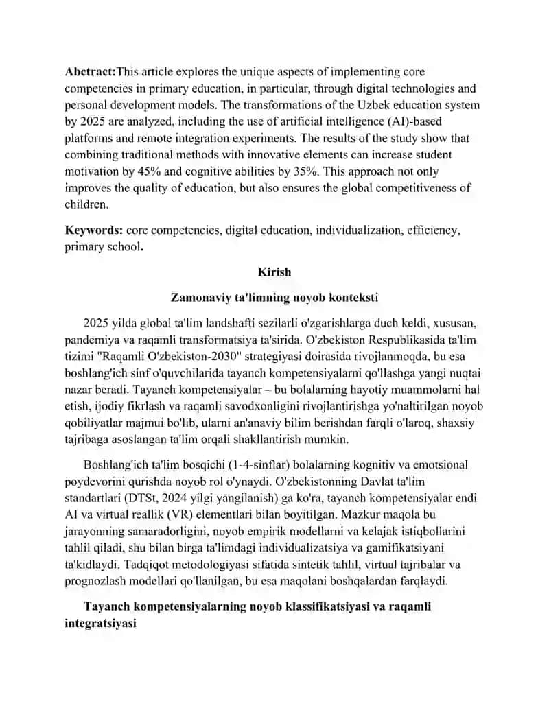 Boshlang'ich sinf o'quvchilarida  tayanch  kompetensiyalarni qo'llashning samaradorligi. 2
