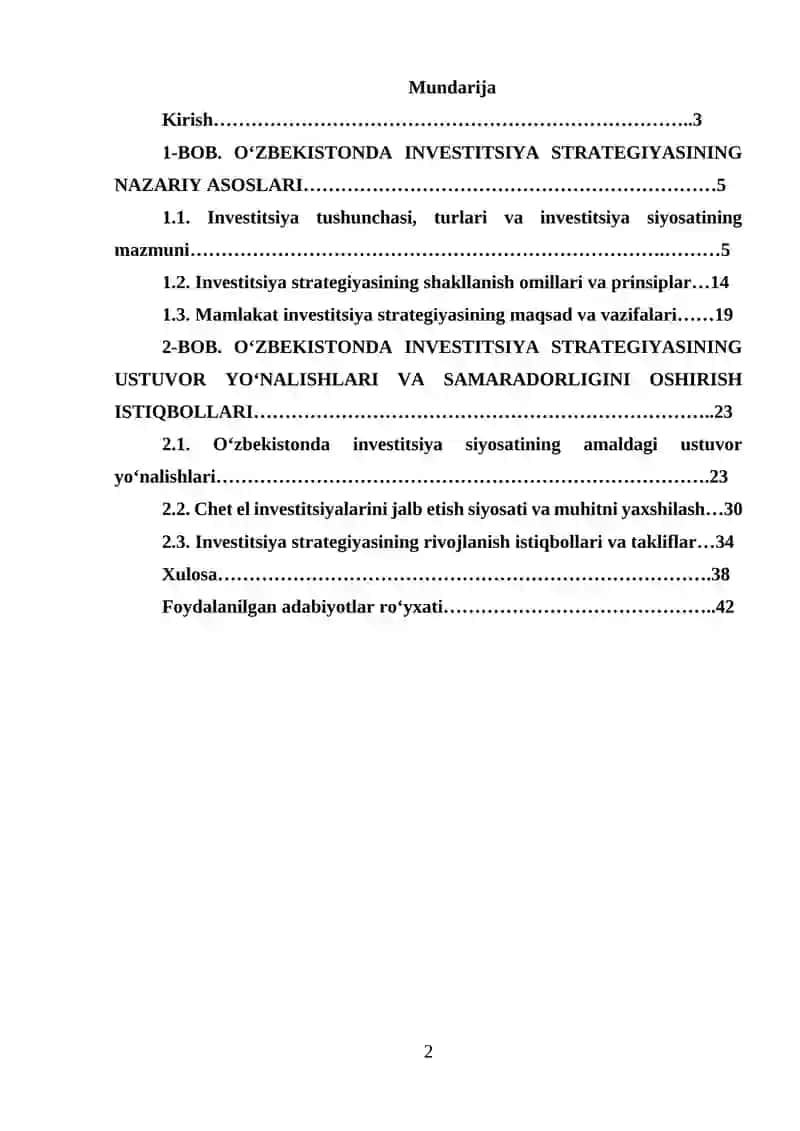 O‘zbekistonda investitsiya strategiyasining ustuvor yo‘nalishlari, maqsad va vazifalari 2