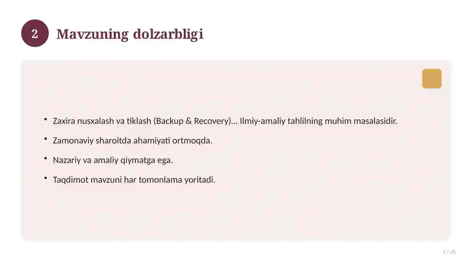 Zaxira nusxalash va tiklash (Backup & Recovery) 2