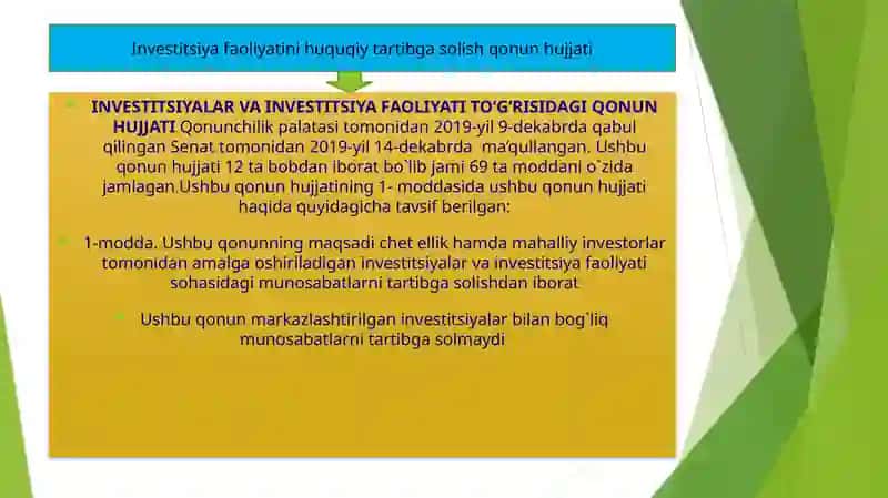 INVESTITSIYALAR VA INVESTITSIYA FAOLIYATI TO‘G‘RISIDAgiqonunhujjati 2