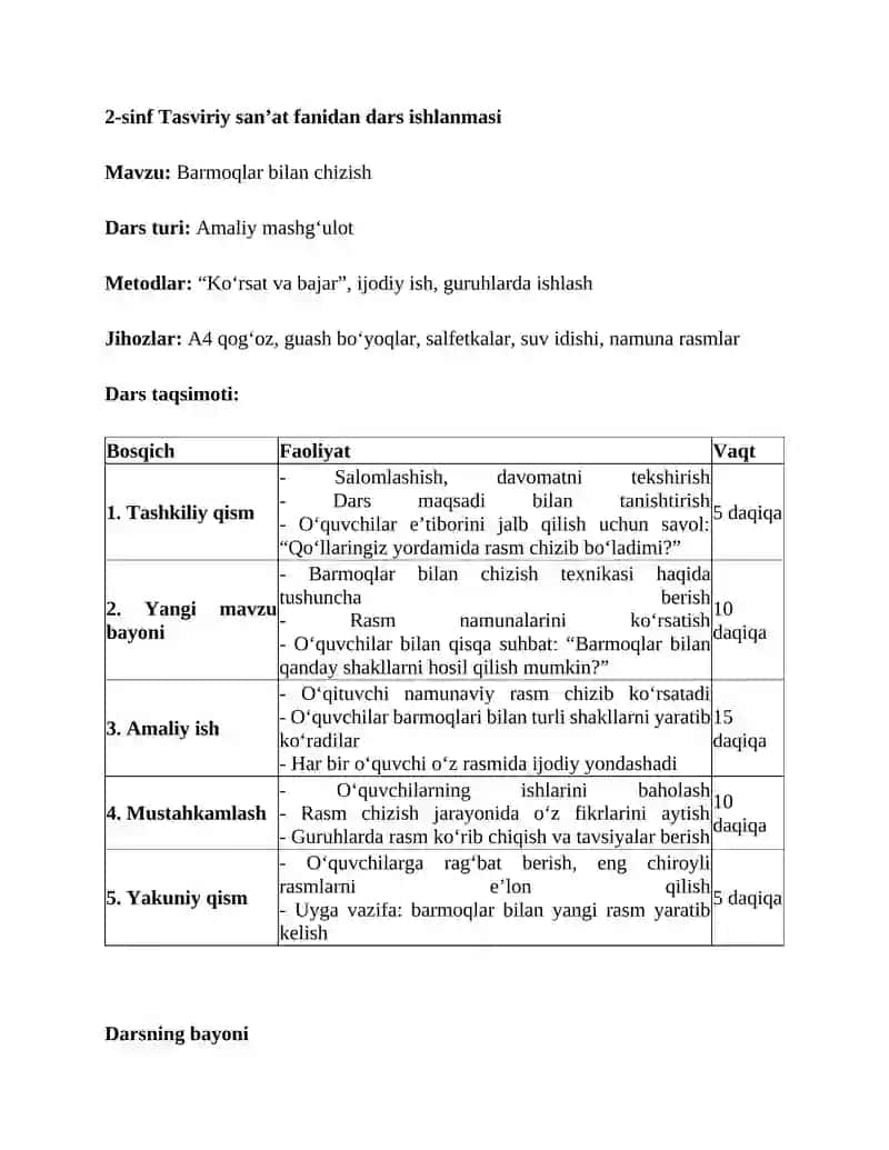 2-sinf Tasviriy san’at fanidan dars ishlanmasi 2
