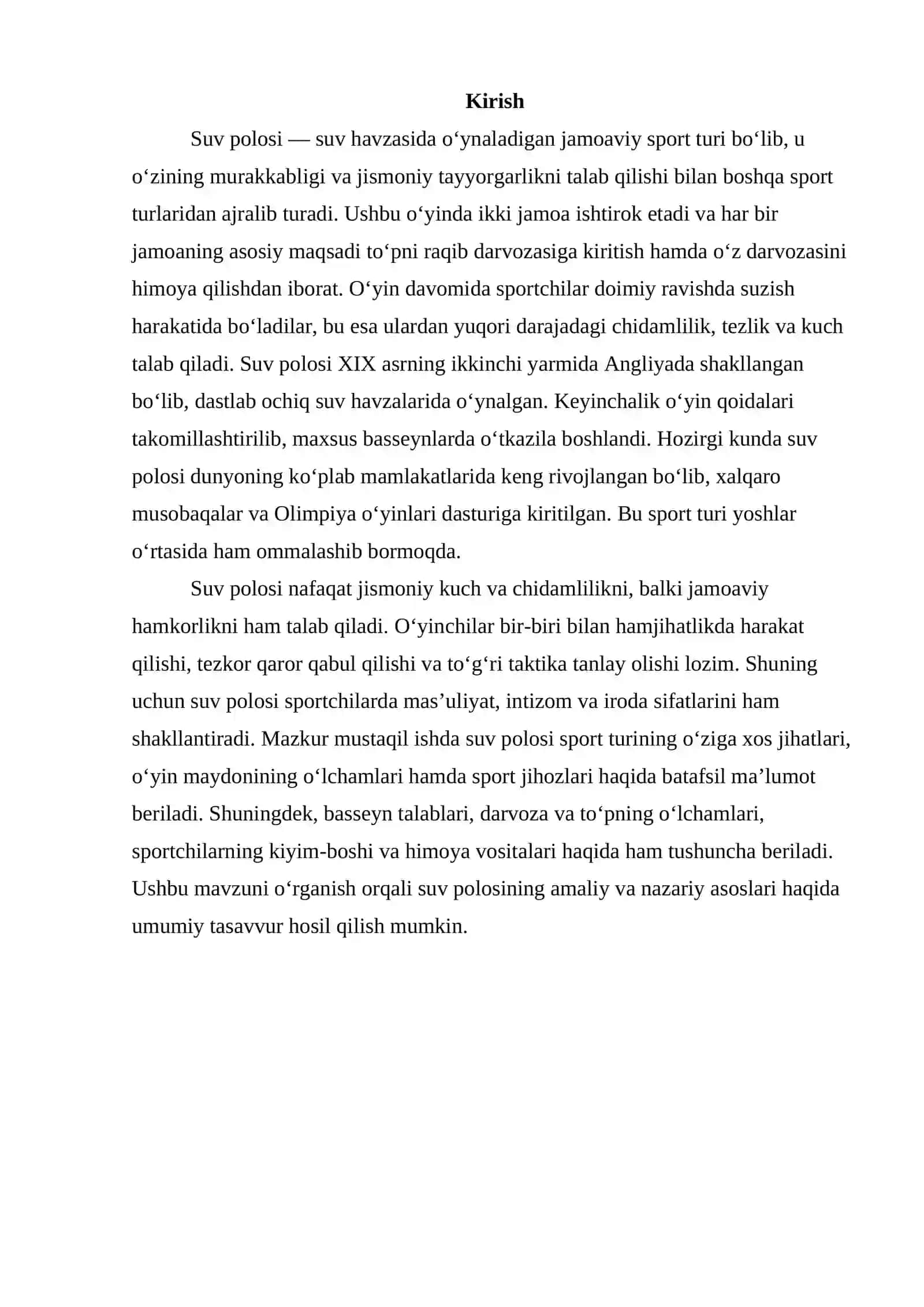 Suv polosi sport turi haqida. Maydoni va sport jihozlari 2