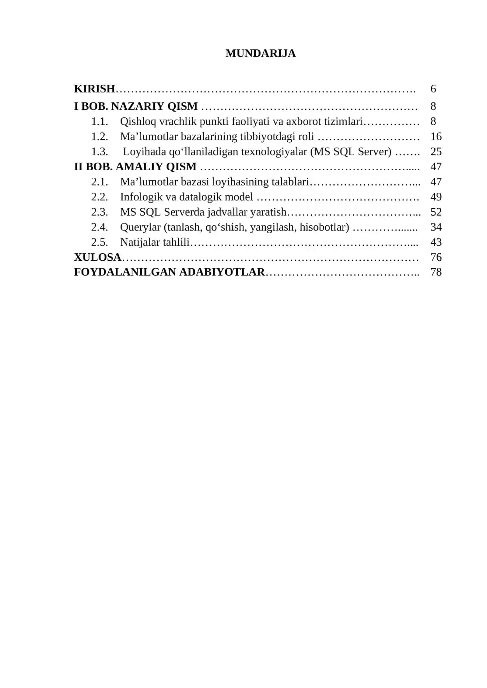 Qishloq vrachlik punkti ma’lumotlar bazasini loyihalash va ishlab chiqish 2