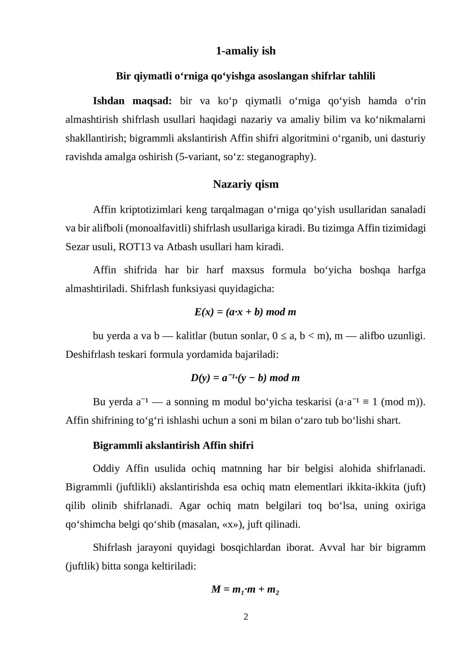 KRIPTOGRAFIYA 2 fanidan - «Bir qiymatli o‘rniga qo‘yishga asoslangan shifrlar tahlili» 2
