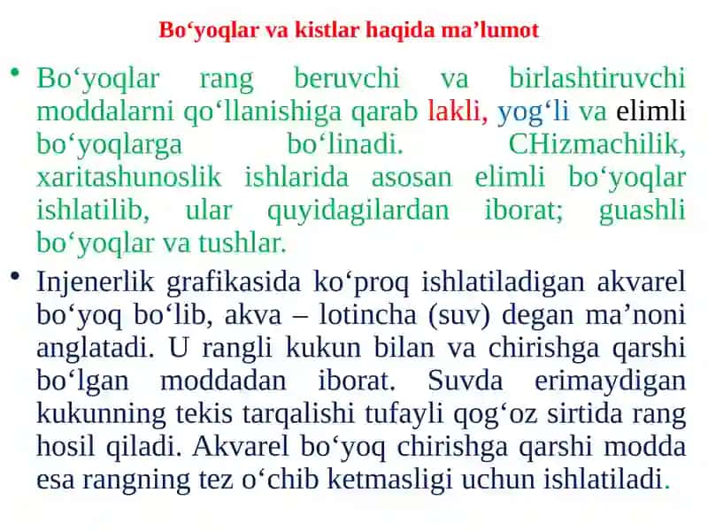 AKVAREL BO‘YOQLAR, TURLARI, KARTALARNI JIHOZLASHDA AHAMIYATI 2
