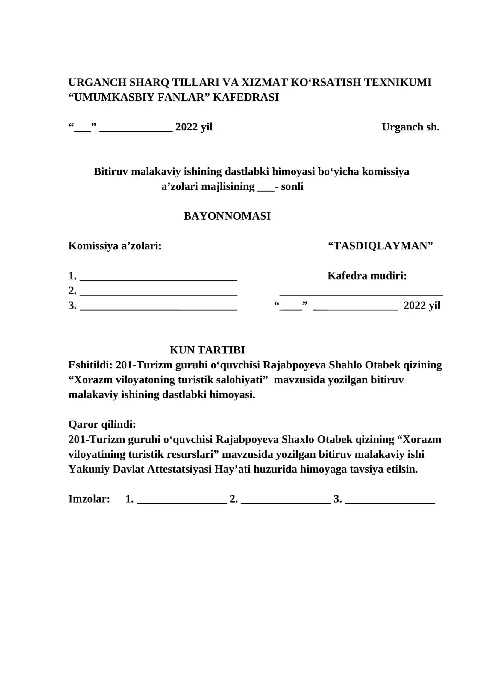 5.81.02.01-“Turizm ” yo’nalishi mutaxassisligini olish uchun BITIRUV MALAKAVIY ISHI 2