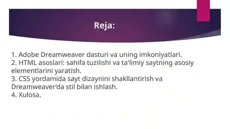 ADOBE DREAMWEAVER’S da HTML VA CSS  ASOSIDA TA’LIMIY SAYT TUZISH 2