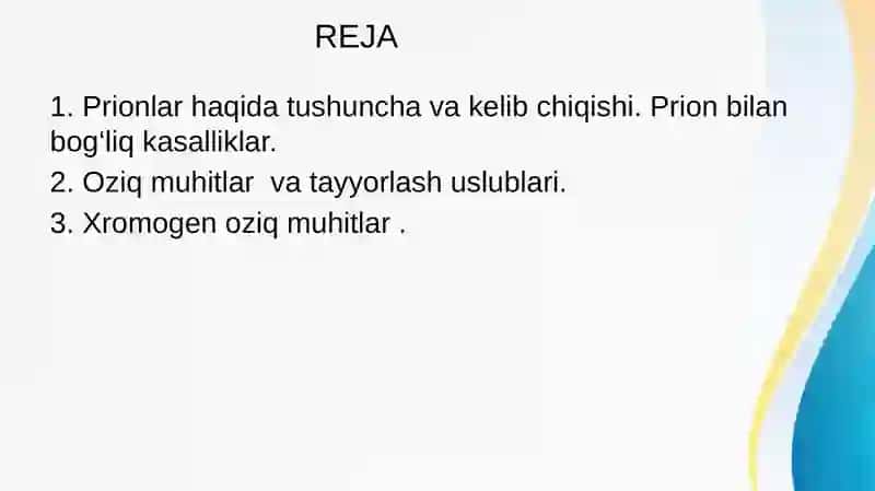 Prionlar haqida tushuncha,kelib chiqishi prion kasalliklari,amaliyotda ahamiyati. Oziq muhitlar ,xromogen oziqli muhitlar, identifikasiyda qo’llanilishi 2